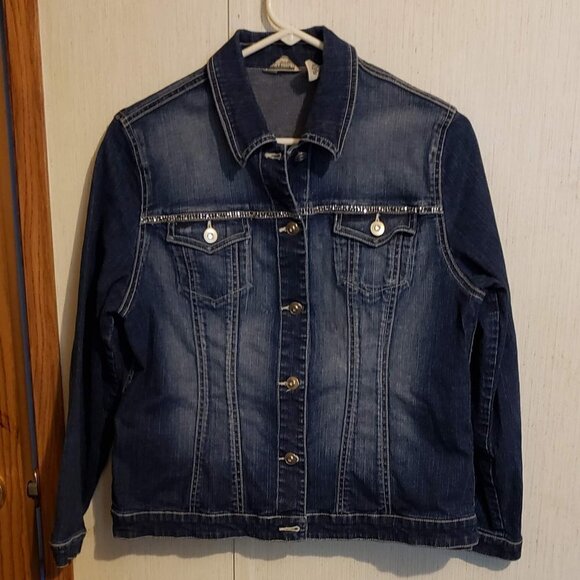 Laura Ashley Rhinestone Blue Jean Jacket Size Petite M Button Up Denim - Picture 1 of 4